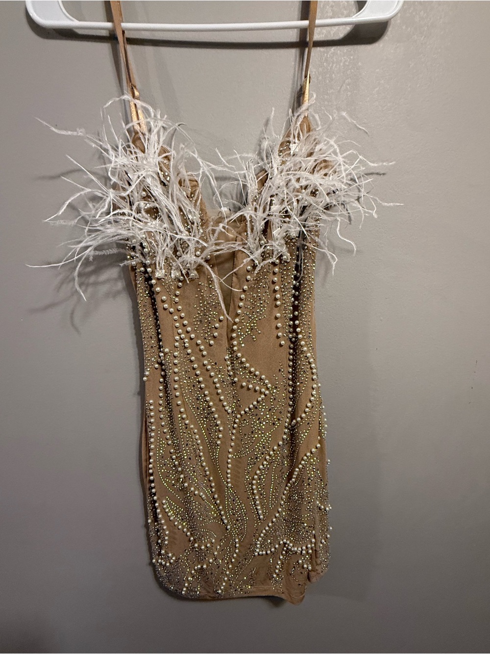 Fashion Nova Nude Pearl & Crystal Mini Dress
